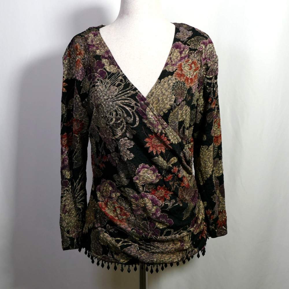VTG Dressbarn Fairy Grunge Floral Faux Wrap Top Size M Beaded Whimsigoth Artsy
